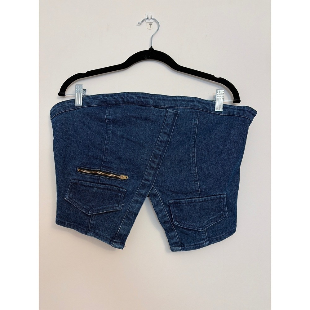 La Armario Denim Crop Top Women Large Blue NWT Strapless Asymmetrical Smocked